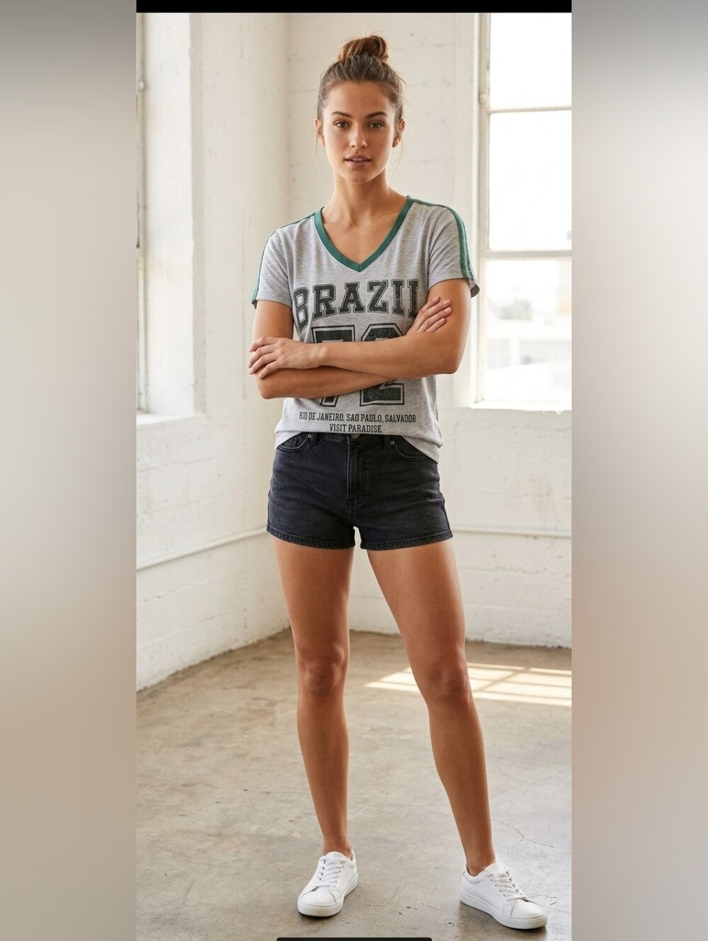 Social Scene Heather Grey V-Neck Tee with Green Trim